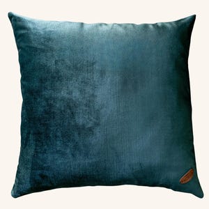 May include: A square teal velvet cushion. The cushion has a soft, plush texture and a subtle sheen. A small, brown leather tag is attached to the bottom right corner. This decorative cushion is perfect for adding a touch of luxury to any living space.