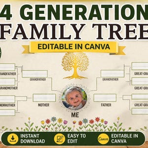 May include: A beige family tree template with the text "4 GENERATION FAMILY TREE" and "EDITABLE IN CANVA". The design includes a family tree diagram with spaces for names and a photo. The words "PERFECT FOR FAMILY GIFTS" are also included.