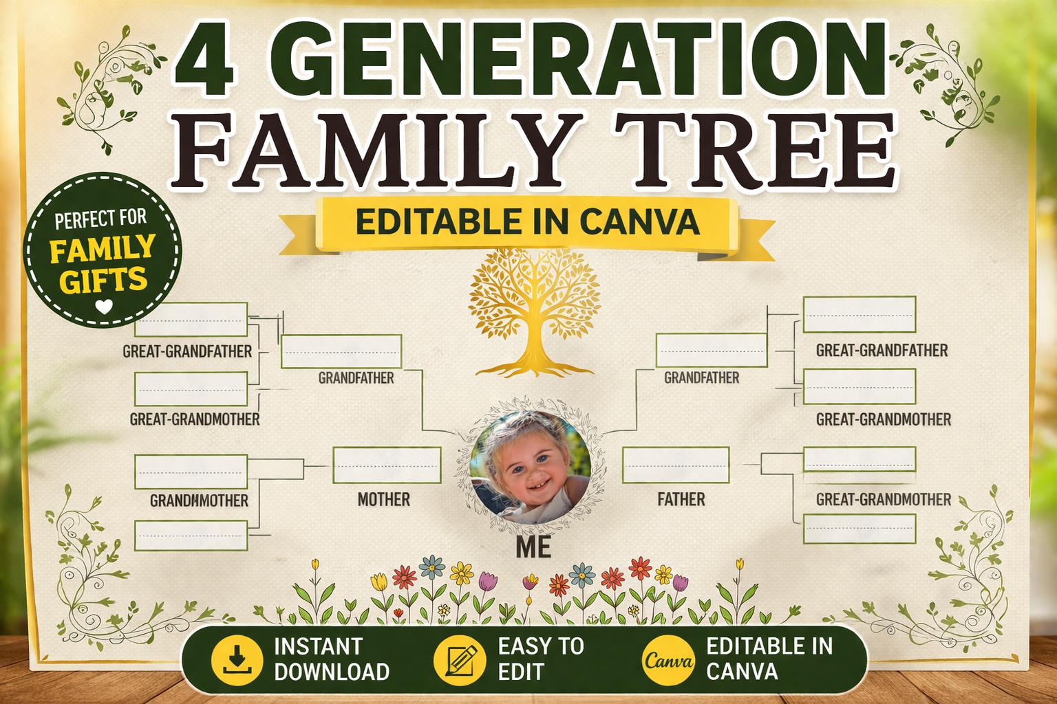 4 Generation Family Tree Template, Editable Canva Genealogy Chart ...