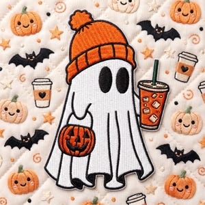 May include: A white ghost patch wearing an orange knit hat, holding an orange jack-o'-lantern bucket and an iced coffee cup. The background fabric features an embroidered pattern of small orange pumpkins, black bats, and coffee cups on white.