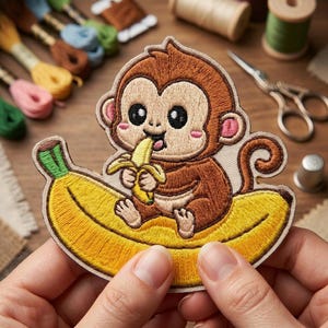 May include: Embroidered patch featuring a cartoon monkey eating a banana. The monkey is brown with pink accents, sitting on a yellow banana. The patch is likely for clothing or accessories.