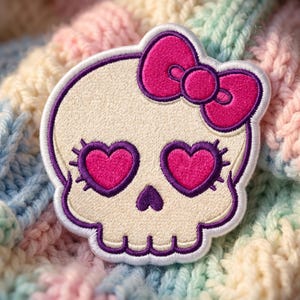 Cute Skull Embroidered Patch with Pink Bow, Kawaii Skull Iron On Sew On Applique, Gothic Coquette Badge for Jacket Backpack Hat
