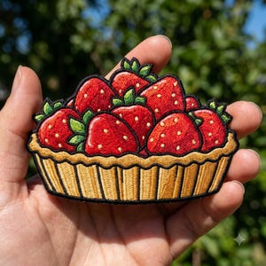 May include: An embroidered patch featuring a tart filled with bright red strawberries. The strawberries have small yellow seeds and green leaves, while the tart crust is a golden tan color with a fluted edge and vertical lines.