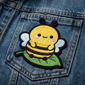 May include: A yellow and black embroidered bee patch with a cute design, featuring pink cheeks and light blue wings, is sewn onto a denim jacket pocket. The bee is resting on a green leaf.