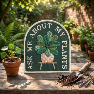 May include: An arched embroidered patch with a dark green background and a cream-colored border. The text "ASK ME ABOUT MY PLANTS" is stitched in cream. It features a green potted plant in a pink and white checkered pot on a small stand.