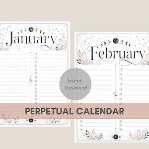 Calendario perpetuo, calendario da parete mensile, calendario dei compleanni, agenda a tema stregonesco, calendario delle date importanti, download digitale, tema celeste