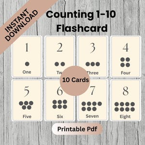 May include: Flashcards for learning numbers 1-10. Each card features a number and corresponding dots, with the word form below. The words "Counting 1-10 Flashcard" and "Instant Download" are also visible.