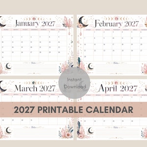天体カレンダー印刷可能2027、魔女風2027年カレンダー、月の満ち欠け月間プランナーPDF、天体魔女風壁掛けカレンダー、即時ダウンロード