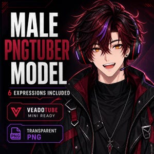 May include: A digital illustration of a character with dark red hair and amber eyes wearing black headphones and a black and red jacket. The text reads MALE PNGTUBER MODEL, 6 EXPRESSIONS INCLUDED, VEADOTUBE MINI READY, and TRANSPARENT PNG.