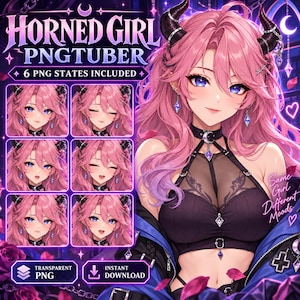 May include: A digital illustration of a horned girl PNGtuber character with pink hair, purple eyes, and black horns. The image displays six different facial expressions, a black top with lace details, a moon choker, and the text Horned Girl PNGtuber.