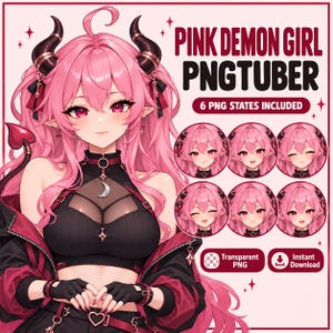 May include: A digital illustration of a pink-haired demon girl PNGtuber character with horns, wearing a black top and jacket. The text reads PINK DEMON GIRL PNGTUBER, 6 PNG STATES INCLUDED, Transparent PNG, and Instant Download.
