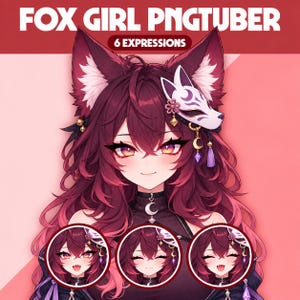 May include: A digital illustration of a fox girl PNGtuber character with long dark red hair, large fox ears, and amber eyes. The character wears a white fox mask accessory and a black choker with a crescent moon charm. Includes 6 facial expressions.