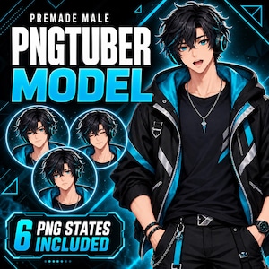 May include: A digital illustration of a male anime character with black hair and blue eyes, wearing a black and blue hooded jacket, headphones, and a necklace. The text reads PREMADE MALE PNGTUBER MODEL and 6 PNG STATES INCLUDED.