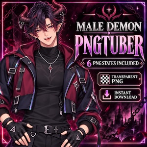 Peut inclure: Une illustration numérique d'un personnage démon avec des cheveux sombres, des cornes et des oreilles pointues, portant un col roulé noir et une veste rouge et noire à boucles. Le texte indique MALE DEMON PNGTUBER, 6 PNG STATES INCLUDED, TRANSPARENT PNG, INSTANT DOWNLOAD.