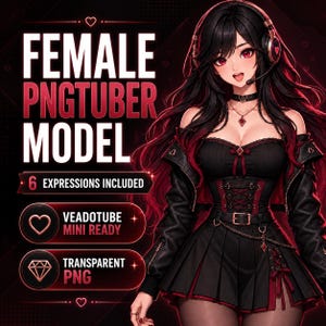 Op de afbeelding: Een digitale karakterillustratie met lang rood en zwart haar, gekleed in een zwart-rode outfit in korsetstijl, een choker en een gaming-headset. De tekst luidt: FEMALE PNGTUBER MODEL, 6 EXPRESSIONS INCLUDED, VEADOTUBE MINI READY, TRANSPARENT PNG.