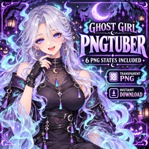 May include: An anime-style character with long, flowing light purple hair and purple eyes, wearing a black outfit with crescent moon accents. The text reads GHOST GIRL PNGTUBER, 6 PNG STATES INCLUDED, TRANSPARENT PNG, and INSTANT DOWNLOAD.