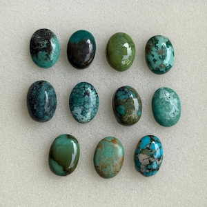 Può includere: Una collezione di undici pietre preziose ovali di turchese. Le pietre mostrano una varietà di colori, tra cui tonalità di verde acqua, verde e blu, con venature e motivi unici. Le pietre preziose sono disposte su una superficie bianca.