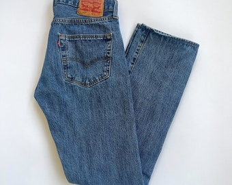 Vintage 1990s // Levis 501 Button Fly Straight Leg W31 x L34 actual W30 x 33 Medium Blue Denim Jeans