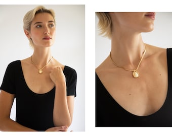 Vintage 1980s // Christian Dior Cream Teardrop Pendant // Omega Chain Gold Plated Necklace