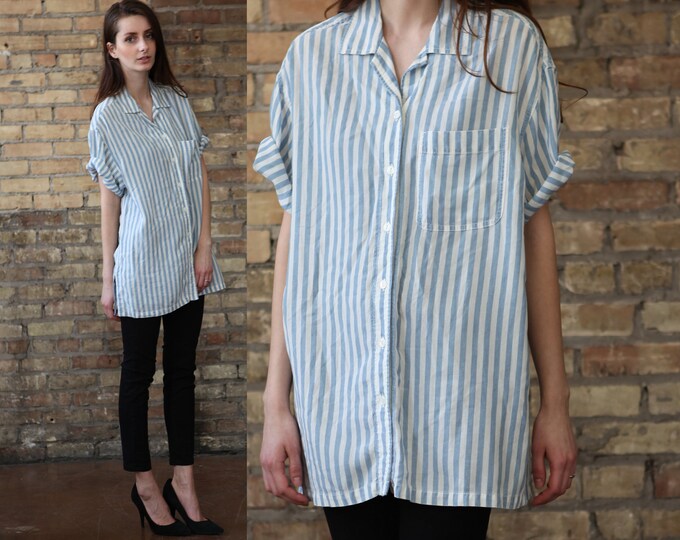 Blue White Striped Shirt // Vintage 80s // Oversized Boxy Fit - Etsy