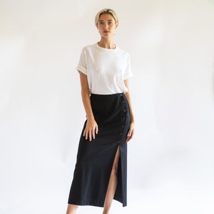 Vintage 1990s // Black Maxi Midi Pencil Skirt Minimalist Side Slit Buttons Ellen Tracy Wool Korea // XS S image 1