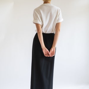 Vintage 1990s // Black Maxi Midi Pencil Skirt Minimalist Side Slit Buttons Ellen Tracy Wool Korea // XS S image 5