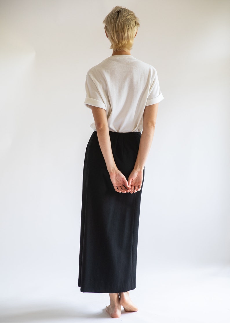 Vintage 1990s // Black Maxi Midi Pencil Skirt Minimalist Side Slit Buttons Ellen Tracy Wool Korea // XS S image 5