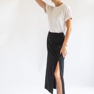 Vintage 1990s // Black Maxi Midi Pencil Skirt Minimalist Side Slit Buttons Ellen Tracy Wool Korea // XS S image 3