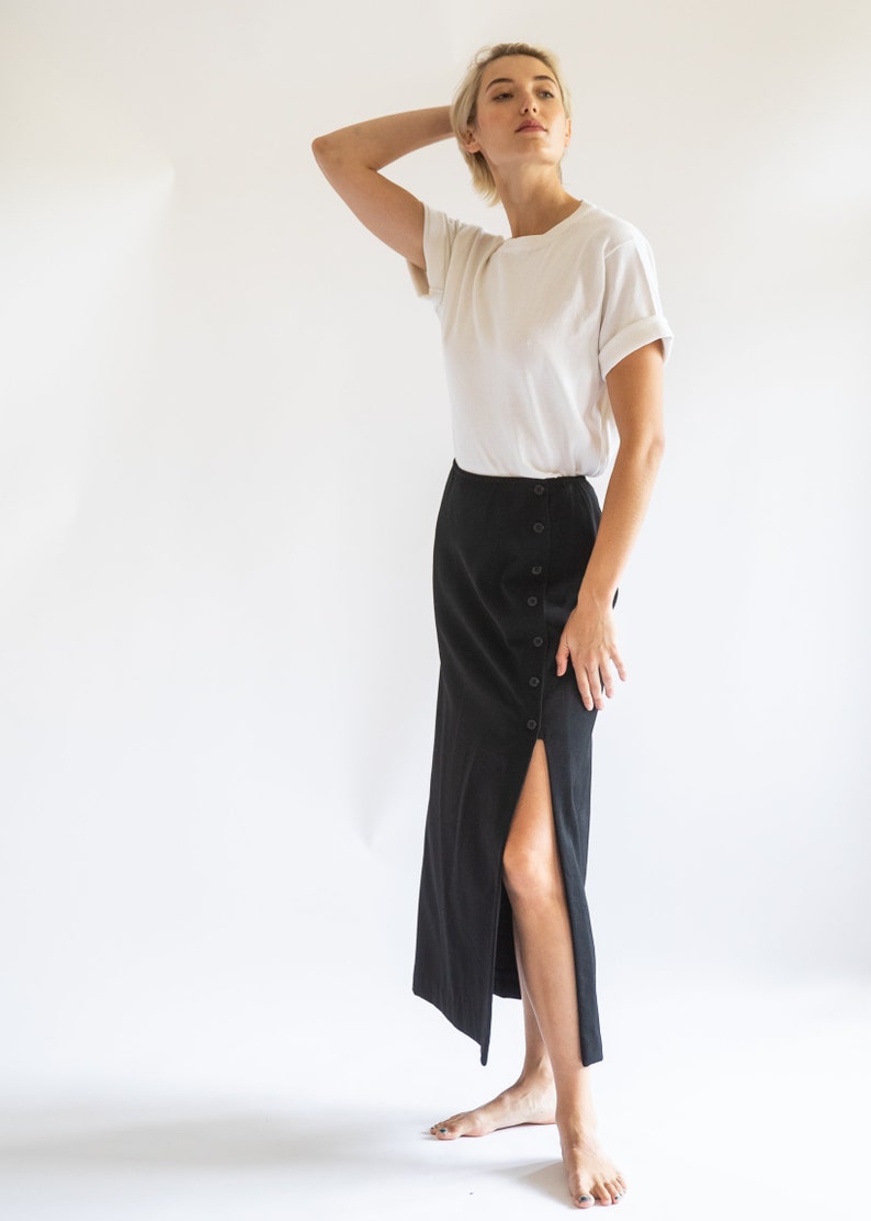 Vintage 1990s // Black Maxi Midi Pencil Skirt Minimalist Side Slit Buttons Ellen Tracy Wool Korea // XS S image 3