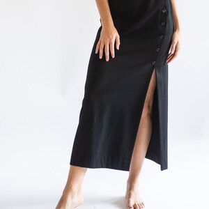 Vintage 1990s // Black Maxi Midi Pencil Skirt Minimalist Side Slit Buttons Ellen Tracy Wool Korea // XS S image 2