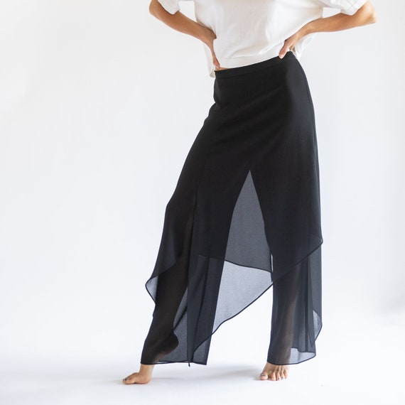Vintage 1990s // Black Sheer Illusion Pants Layered Skirt Panel