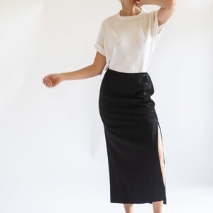 Vintage 1990s // Black Maxi Midi Pencil Skirt Minimalist Side Slit Buttons Ellen Tracy Wool Korea // XS S image 4