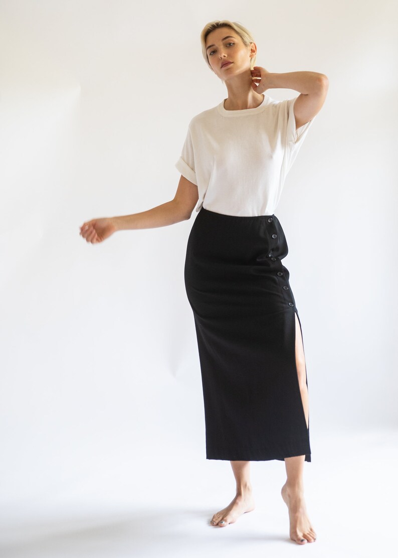 Vintage 1990s // Black Maxi Midi Pencil Skirt Minimalist Side Slit Buttons Ellen Tracy Wool Korea // XS S image 4