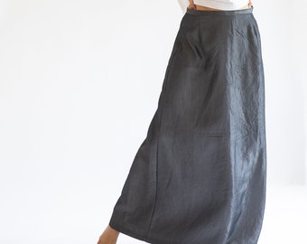 Vintage 1990s // Metal Grey Crinkle Taffeta Maxi Skirt Pleated Back Minimalist S M