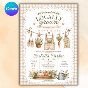 May include: A baby shower invitation card with a beige gingham border and lace trim. It features illustrations of baby shoes, a flower basket, overalls, a carrot, and a tag reading 'made with love' on a clothesline, plus pumpkins and a watering can.
