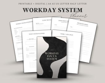 Planificador de productividad imprimible en PDF, planificación diaria y semanal, establecimiento de objetivos, gestión de tareas, teletrabajo, GoodNotes, diseño minimalista.