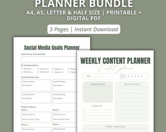 Planificador de redes sociales imprimible / Planificador semanal de contenido + calendario de publicaciones / Planificador minimalista verde salvia / A4 A5 Carta EE. UU. PDF