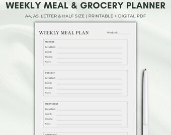 Planificador de comidas semanal imprimible / Lista de compras + Inventario de despensa / Planificador de comidas minimalista / Tamaño A4 / A5 (carta estadounidense) PDF