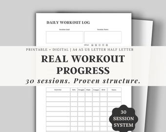 Planificador de fitness imprimible, registro de entrenamiento en PDF, sistema de entrenamiento de 30 sesiones, seguimiento diario del entrenamiento, compatible con iPad GoodNotes, diseño minimalista y limpio.