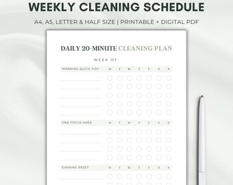 Plan de limpieza semanal minimalista, plan diario de 20 minutos, lista de verificación de la habitación (PDF digital)