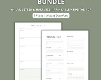 Paquete imprimible de planificador semanal minimalista, horario sin fechas (A4, A5, Carta) (Descarga digital)