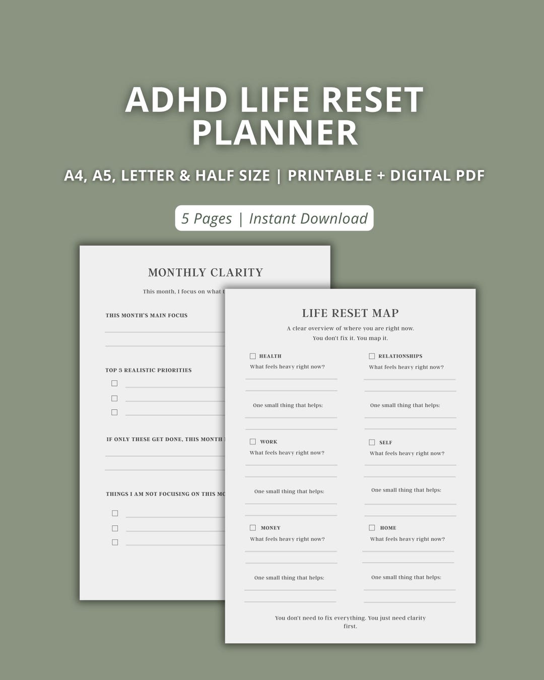 ADHD Life Reset Planner Printable | ADHD Reset Workbook | Focus ...