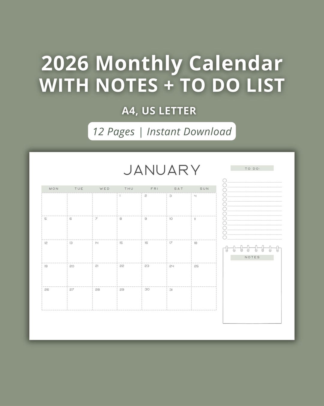 2026 Monthly Calendar Printable With Notes, Minimalist Landscape ...