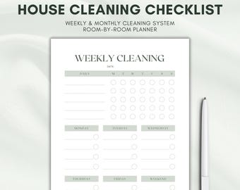 Lista de verificación de limpieza de la casa (PDF imprimible), programa de limpieza semanal y mensual, planificador de limpieza profunda, organizador del hogar habitación por habitación