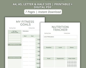 Paquete de seguimiento de actividad física y nutrición (PDF imprimible) / Planificador de entrenamiento, seguimiento de hábitos y calorías / Tamaño A4, A5, carta (EE. UU., media carta)