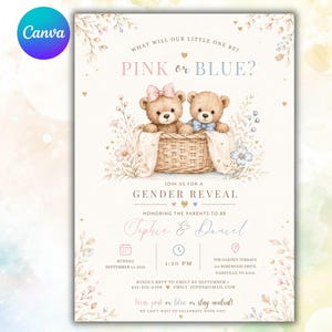 Invito per la rivelazione del sesso del bambino, invito per la rivelazione del sesso con orsacchiotto, baby shower rosa o blu, modello Canva modificabile, download digitale