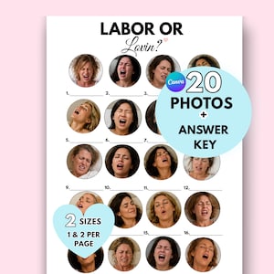 May include: A printable game sheet titled LABOR OR Lovin? featuring 20 circular photographs of individuals with various facial expressions. The document includes numbered lines for answers, a blue circular graphic stating 20 PHOTOS + ANSWER KEY, and a light blue heart graphic stating 2 SIZES 1 & 2 PER PAGE.