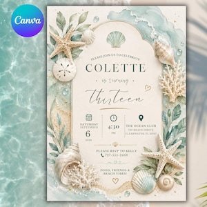 Peut inclure: Une carte d'invitation d'anniversaire rectangulaire avec un thème de plage à l'aquarelle, des coquillages, des étoiles de mer et du corail. Le texte indique : PLEASE JOIN US TO CELEBRATE COLETTE is turning thirteen, 6 SEPTEMBRE 2025, 16H30.
