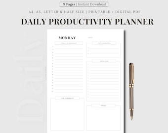 Planificador de productividad diaria mínimo, agenda, prioridades, lista de tareas (descarga digital)