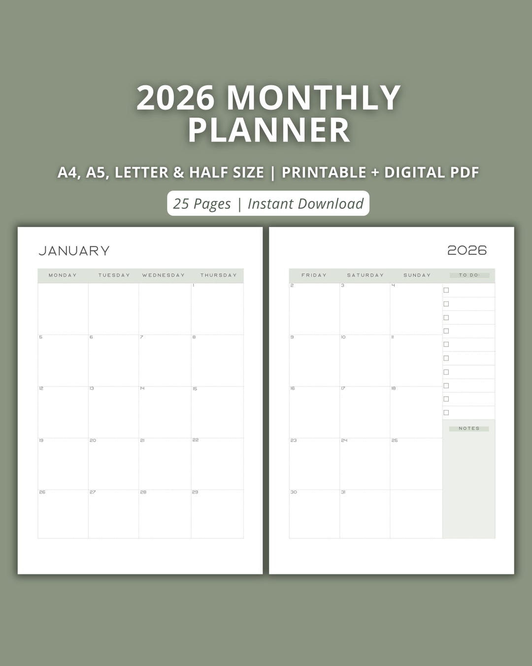 2026 Monthly Planner Printable | Landscape Calendar With Notes (a4/a5